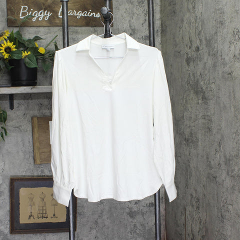 By Stacy London Womens Blouson Sleeve Knit Shirt Top with Collar White XS