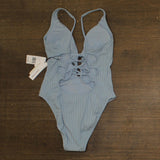 Sanctuary Refresh Rib Plunging Lace Back Mio One-Piece Swimsuit Blue Chateau M