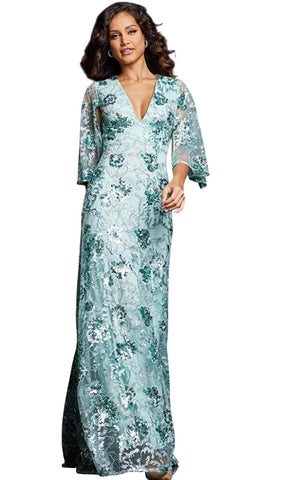 Jovani Womens Embellished V Neck 3/4 Open Sleeve Formal Dress Gown Mint Green 0