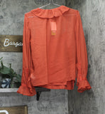 Sam Edelman Jasleen Ruffled Long Sleeve Button Front Top Blouse Red Orange S