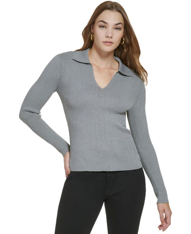 Calvin Klein Women's Metallic Collared V-Neck Sweater M2XSQ721