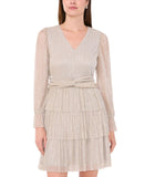 1. STATE Womens Metallic Crinkled Tiered V-Neck Dress Silver Gray / Gold XS
