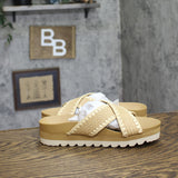 Bearpaw Criss Cross Raffia Crochet Embroidered Sandals Natural Tan Brown 8M