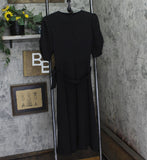 DKNY Women's Puff Sleeve Round Neck Tie Waist Solid Midi Dress Black 12