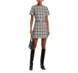 Aqua Sleeve Tweed Pocket Frayed Hem Embellished Shift Dress Black / White 2XS