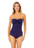 Anne Cole Womens Solid Twist Front Shirred Bandeau Tankini Swim Top Navy Blue XL