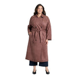 A New Day Faux Suede Notched Collar Button Front Waist Tie Trench Coat Brown 1X