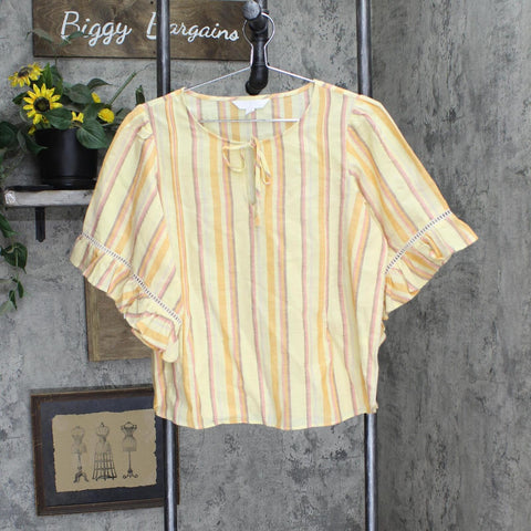 Woven Striped Tie Front Lurex Blouse Shirt Top Yellow Multi See Measuremets