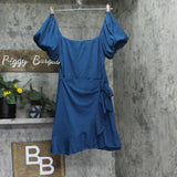 Trixxi Juniors Puff-Sleeve Side-Tie Fit & Flare Dress Dark Teal Blue Green L