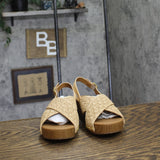 Style & Co. Faux Wood Criss Cross Heeled Sandals Creme Off White / Tan Brown 5M