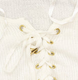 Belldini Knit Puff Sleeve Tie Front Blouse Top White / Gold XL