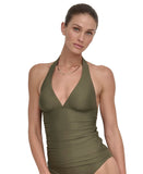 DKNY Womens Halter V-Neck Shirred Tankini Top DIMKS215 Moss Green M