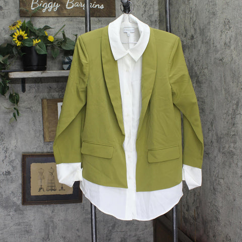 By Stacy London Womens Crepe Blazer Attached Long Sleeve Collared Shirt Moss L