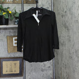 Ny Collection Womens Petite 3/4 Sleeve Honeycomb Half Zip Shirt Top Black PM