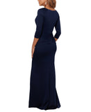 Xscape 3/4 Sleeve V-Neck Side Ruched Pleated Ruffled Gown Dress Midnight Blue 8