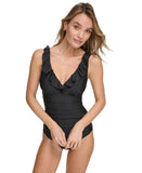 DKNY Womens Ruffle Plunge Underwire Tummy Control One-Piece Swimsuit Black XL