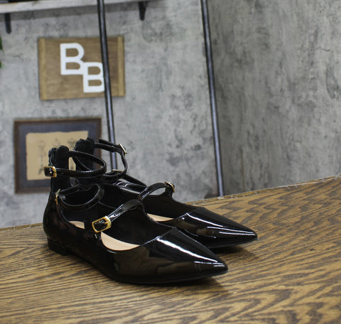 INC International Concepts Womens Valan Triple-Strapped Flats Black Patent 6M