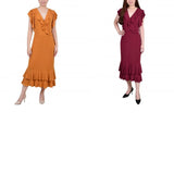 Ny Collection Womens Petites Ruffled A-Line Midi Dress PCKD7256
