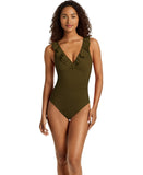 Lauren Ralph Lauren Ruffle Surplice One-Piece Swimsuit Dark Olive Green 10