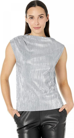 Calvin Klein Women's Metallic Pleated Sleeveless Top M2XHM865 Silver Gray XL