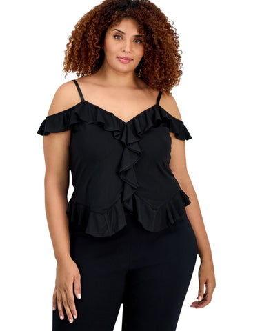 Bar III Ruffled Cold-Shoulder Mesh Top 100218140WN Deep Black 2X