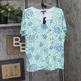 Karen Scott Printed Scoop Neck Short Sleeve Knit Top Aqua Ice Blue Green XL