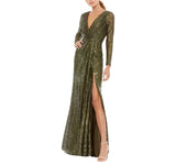 Ieena For Mac Duggal Long Sleeve Evening Gown with Ruched Waist Green 10