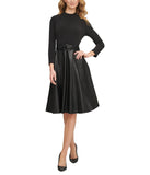 Calvin Klein Women's Matte Jersey Combo Pu Leather Belted Aline Dress Black 2
