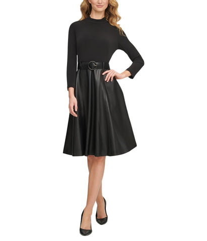 Calvin Klein Women's Matte Jersey Combo Pu Leather Belted Aline Dress Black 2