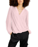INC International Concepts Surplice Shirred Long-Sleeve Blouse Top Wash Pink XL