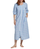 Miss Elaine 3/4-Sleeve Plaid Zip Robe Nightgown Navy Turquoise Plaid Blue L
