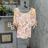 LC Lauren Conrad Off the Shoulder Button Up Blouse Shirt Top Brown Multi S