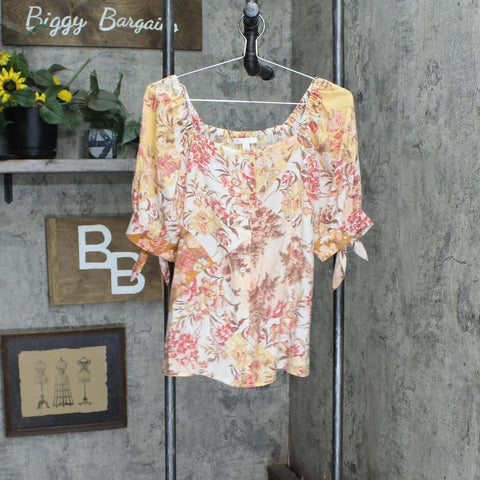 LC Lauren Conrad Off the Shoulder Button Up Blouse Shirt Top Brown Multi S