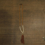 Faux Leather Tassel Wood Beaded Necklace Brown / White 29" + 4"