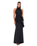 XSCAPE Womens Petite Sleeveless High-Neck Scuba Draped Gown Dress Black 6P
