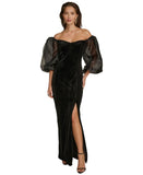 Donna Karan Off the Shoulder Sheer Puff Sleeve Evening Gown Dress Black 14