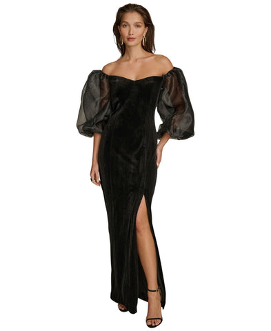 Donna Karan Off the Shoulder Sheer Puff Sleeve Evening Gown Dress Black 14