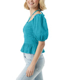 Jessica Simpson Ami Cotton Sweetheart Adjustable Tie Blouse Top Pagoda Blue XL