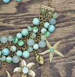 G by Comet Beaded Multirow Earring Necklace Set Gold / Turquoise Blue 18" + 3"