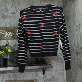 Aqua Lightweight Cherry Stripe Cashmere Sweater Black Multi XS