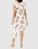 Angie Womens V Neck Flutter Sleeves and Ruffle Scarf Hem Dress Ivory Purple L