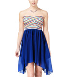 B Darlin Chiffon Asymmetrical-Hem Fit and Flare Dress White / Blue Multi 7 / 8