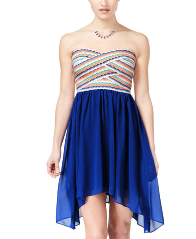 B Darlin Chiffon Asymmetrical-Hem Fit and Flare Dress White / Blue Multi 7 / 8