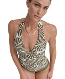 DKNY Womens Shirred Halter V-Neck Tankini Top Swim DIMKS215 Jungle Palm Green S