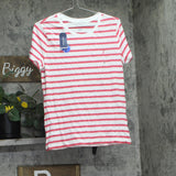Nautica Womens Cotton Striped Crewneck T-Shirt Honeysuckle Pink / White Stripe L