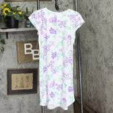 Miss Elaine Short Sleeve Lace Trim Nightgown Lavender Floral White S