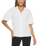 Calvin Klein Womens V-Neck Short Sleeve Collared Blouse Cream Off White L