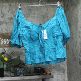 Jessica Simpson Ami Cotton Sweetheart Adjustable Tie Blouse Top Pagoda Blue XL