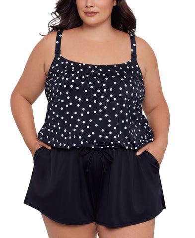 Swim Solutions Plus Size Polka Dot Swim Romper One Piece Rain of Dots Black 18W