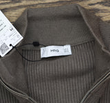 Mango Mens Ribbed 1/4 Zip Pullover Preppy High Neck Sweater Green M